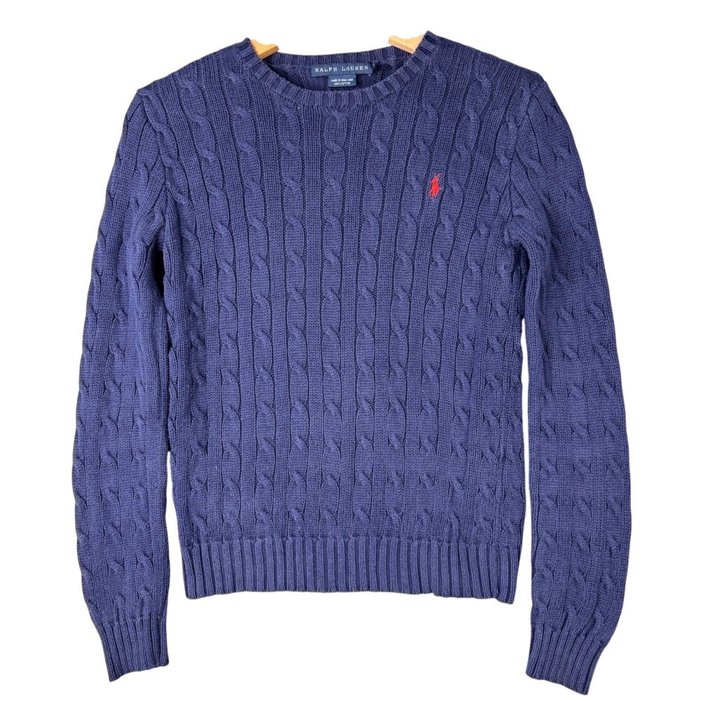 Ralph Lauren Navy Blue Cable Knit Cotton Crew Neck Sweater Red Pony XS